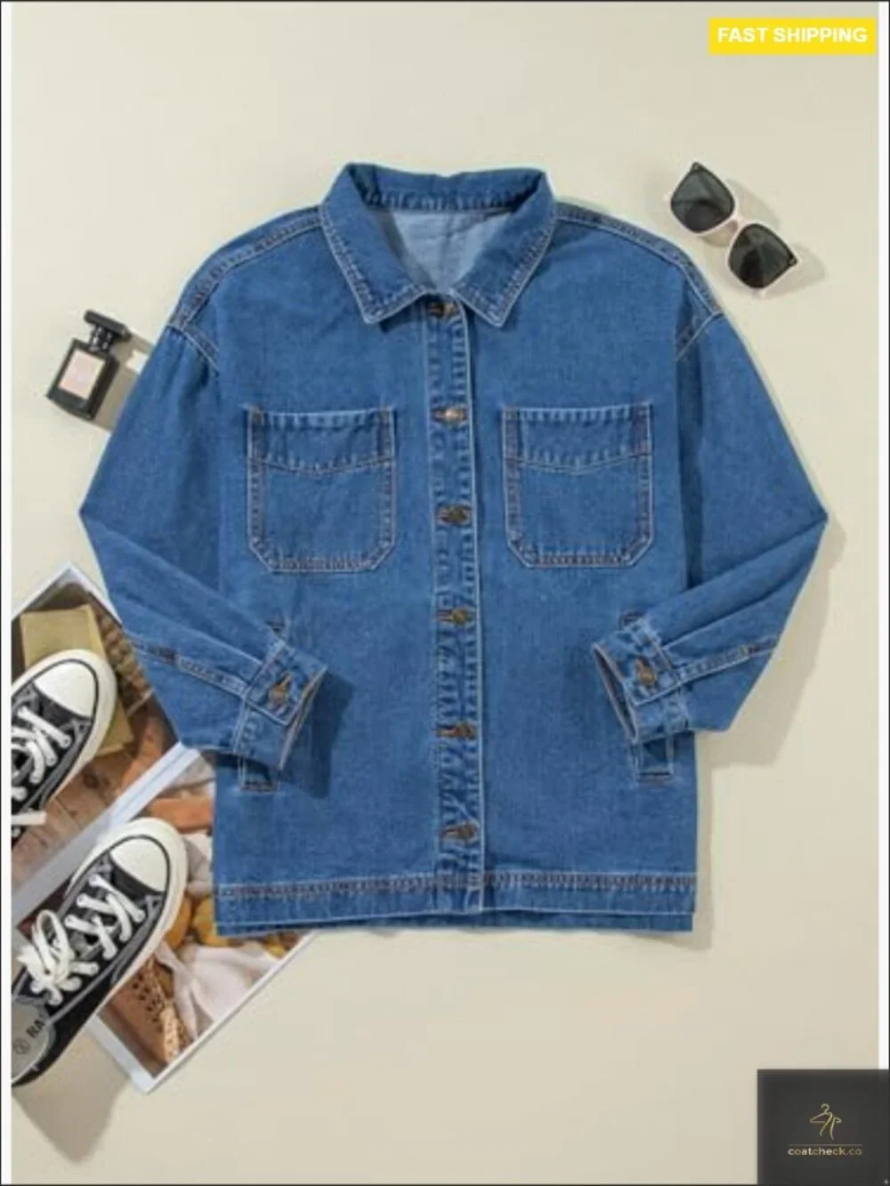 Oversized Denim Jacket Boyfriend Style Long Sleeve Button Down Trench Coat
